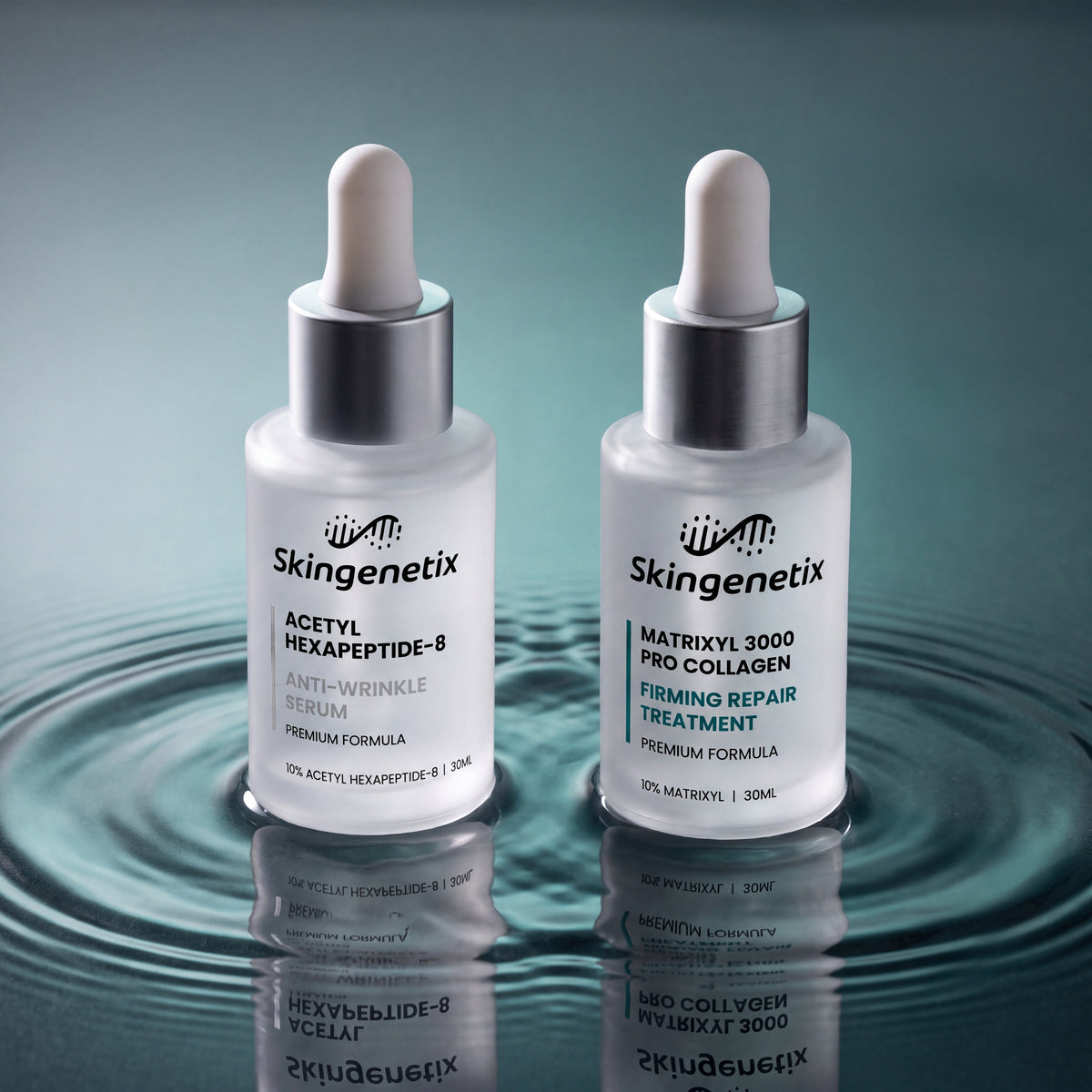 Skingenetix Fine Lines & Wrinkles Peptide Duo Set - both anti-wrinkle serums standing in shallow rippled water