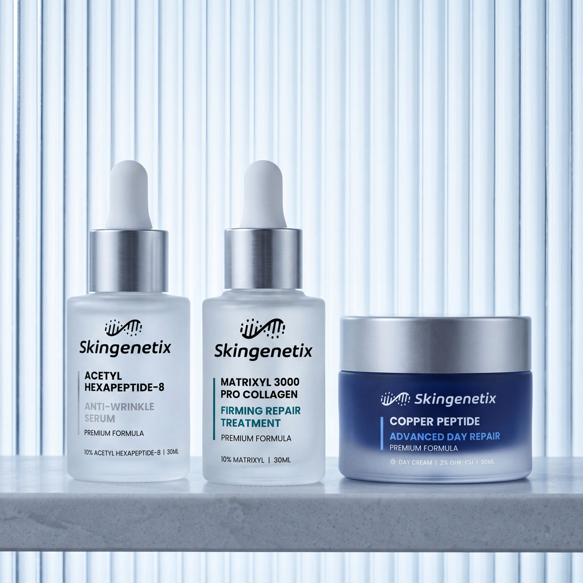Skingenetix Complete Fine Lines & Wrinkles Routine - the routine standing against backlit fluted glass